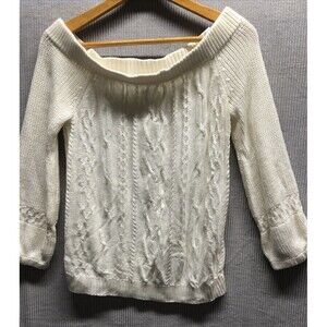 New York & Company Cable Knit Sweater Size M Cream Off Shoulder 3/4 Sleeves NWT